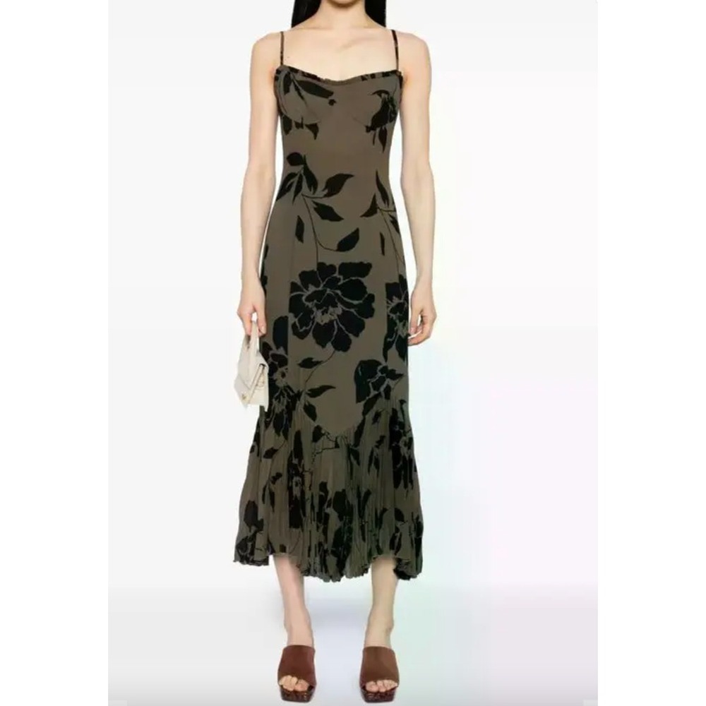Reformation Womens Aiko Strappy Midi Dress 12 Brown Floral Smocked Ruffle Hem
